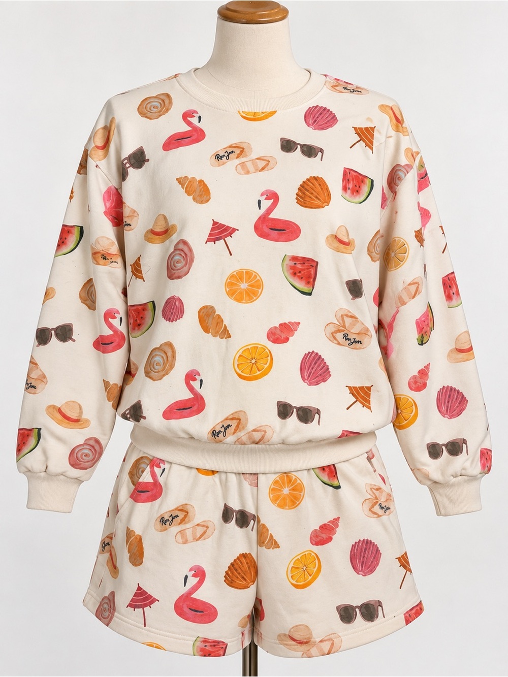 Ron Jon Cream Lounge Pajama Set with Pink Flamingo & Citrus Print